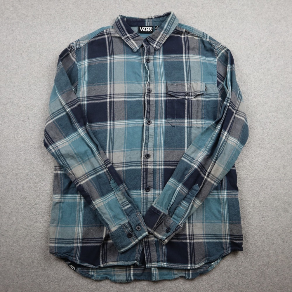Vans Flannel Shirt Mens Medium Blue Teal Plaid Long Sleeve Cotton Skate Casual